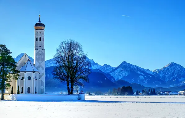 Зима, деревья, горы, Германия, Бавария, Альпы, церковь, Germany