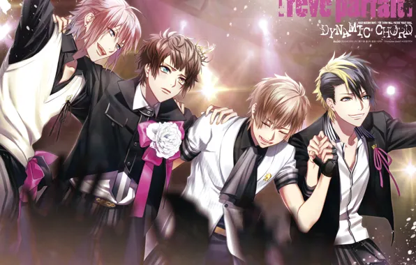 Радость, сцена, костюм, парни, бант, art, visual novel, dynamic chord