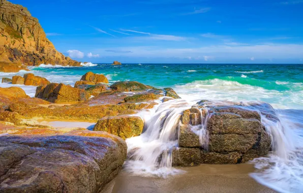 Картинка камни, океан, скалы, побережье, Англия, England, Корнуолл, Cornwall