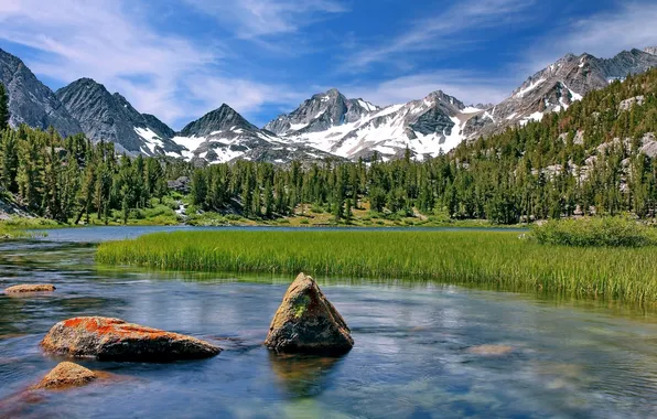 Картинка горы, озеро, камни, Калифорния, камыш, California, Little Lakes Valley, Heart Lake