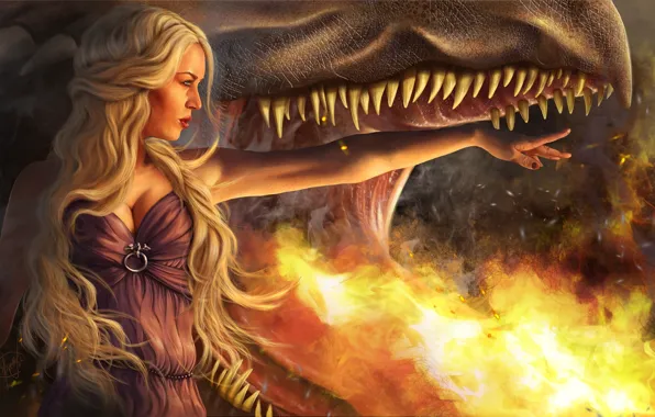 Девушка, пламя, дракон, пасть, блондинка, Игра Престолов, Game of Thrones, Daenerys Targaryen