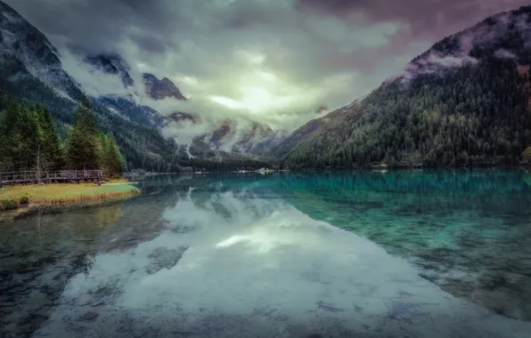 Облака, пейзаж, горы, природа, озеро, отражение, Монтана, США