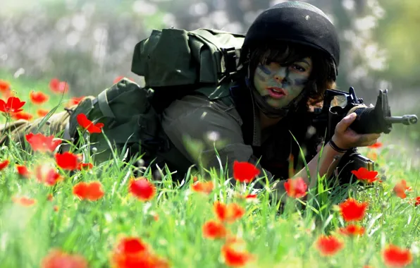 Картинка трава, девушка, цветы, красный, маки, солдат, форма, униформа