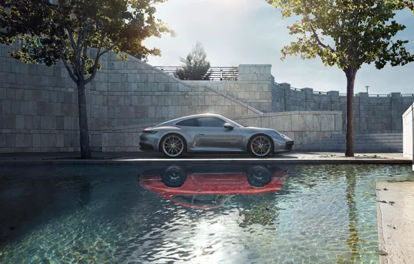 Машина, вода, стиль, отражение, спортивная, поколения, Porsche 911 Carrera S, 992