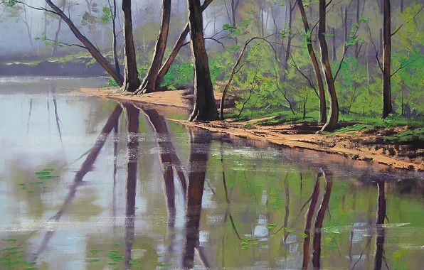 Картинка лес, река, рисунок, арт, artsaus, riverside trees