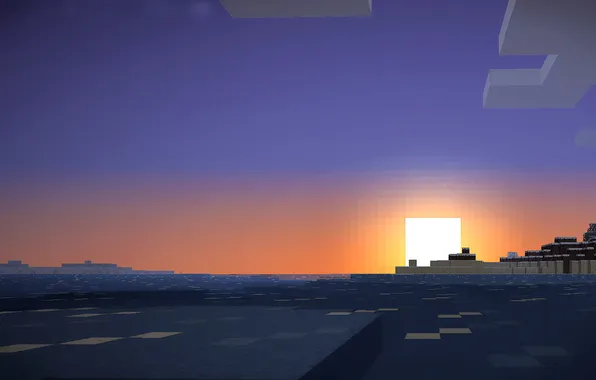 Солнце, облака, здания, Minecraft, пиксельный мир