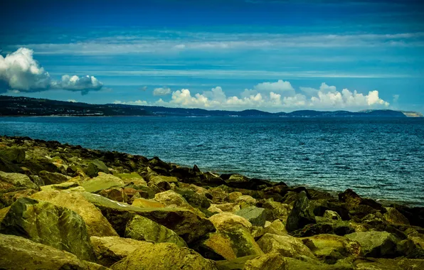 Море, облака, камни, побережье, Великобритания, Wales, Colwyn Bay
