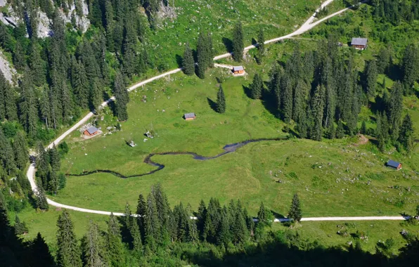 Дорога, лес, Альпы, домики