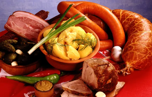 Лук, мясо, перец, овощи, колбаса, чеснок, картофель, горчица