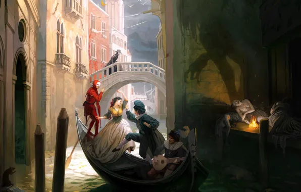 Картинка мост, люди, огонь, лодка, танец, тень, Венеция, крыса