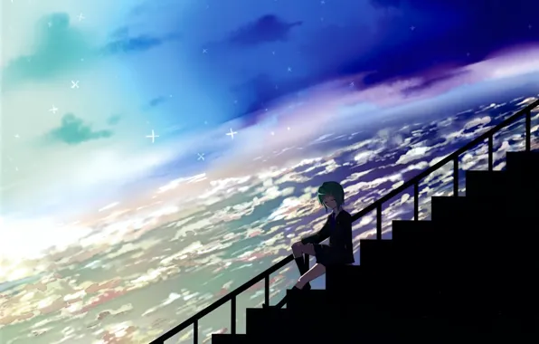 Небо, облака, Земля, лестница, Vocaloid, зеленые волосы, Gumi megpoid