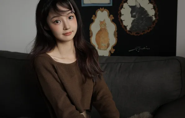 Beautiful, Asian, Model, Smile, Woman, Sofa, Cute, Pretty