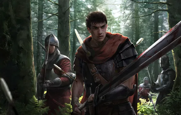 Sword, blood, game, forest, armor, anime, man, army