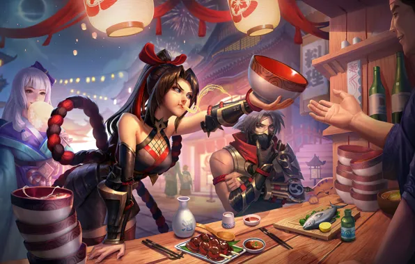 Ночь, девушки, еда, мужчина, парень, Hayabusa, фестиваль, Kagura