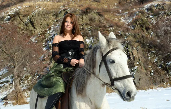 Картинка Model, Smile, Snow, Horse, Kleofia, Riding