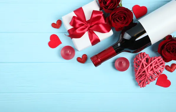 Картинка любовь, цветы, подарок, вино, романтика, сердце, розы, love