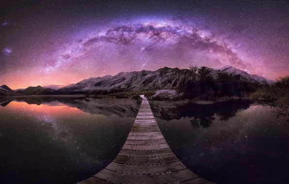 Небо, звезды, горы, мост, озеро, отражение, Новая Зеландия, New Zealand