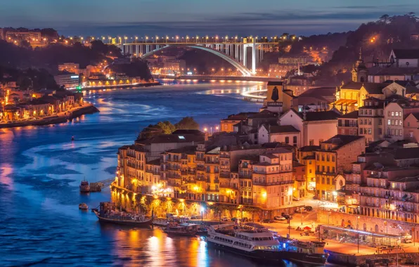 City, river, bridge, Nightfall in Porto