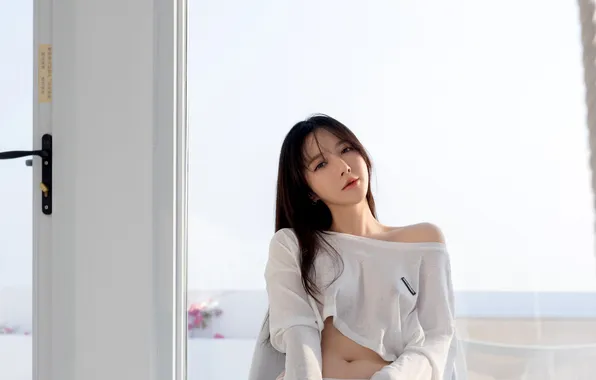 Картинка girl, model, brunette, asian, belly, white top, tummy, portrait