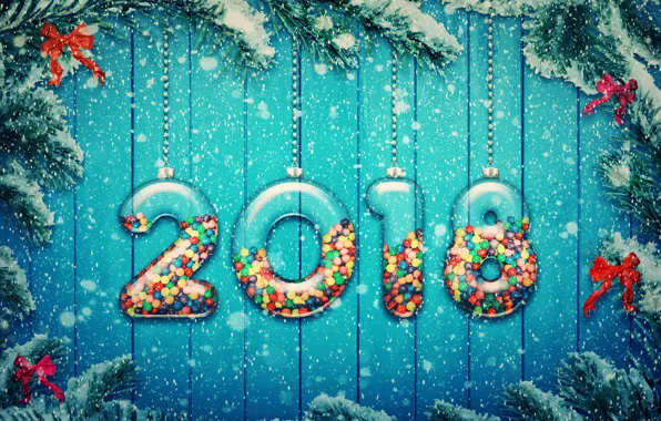 Снег, украшения, елка, Новый Год, snow, 2018, New Year, candy