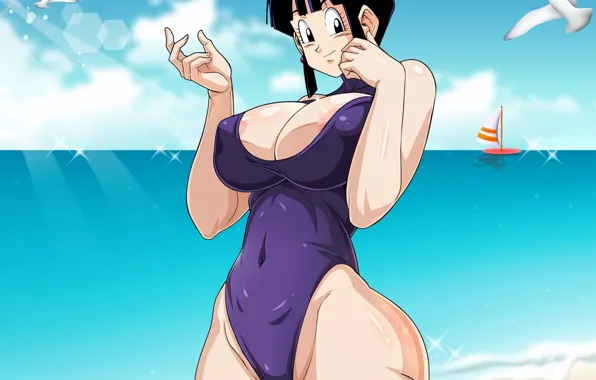 Girl, sexy, cleavage, beach, sea, boobs, anime, beautiful