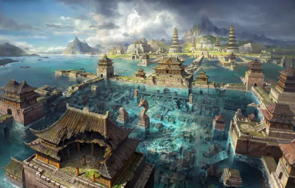 Картинка море, вода, горы, город, азия, арт, потоп, затопление