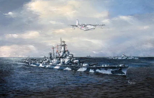 Море, небо, рисунок, арт, авианосец, линейный корабль, WW2, гидросамолет