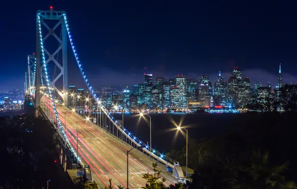 Картинка мост, Калифорния, Сан-Франциско, ночной город, California, San Francisco, Bay Bridge, San Francisco Bay