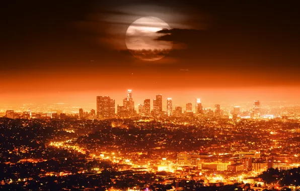Картинка небо, облака, ночь, city, город, lights, огни, горизонт