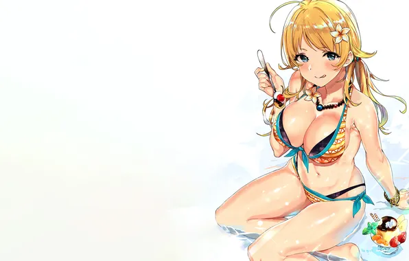 Girl, sexy, cleavage, long hair, legs, boobs, anime, water