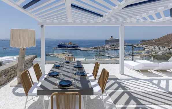 Вилла, Греция, терраса, столовая, Mykonos, Sealine Villa, вид на пристань