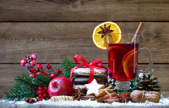Картинка яблоко, Новый Год, печенье, Рождество, орехи, корица, wine, orange
