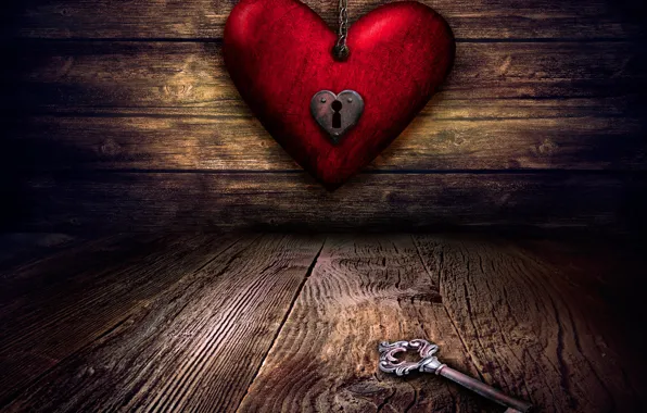 Картинка красное, сердце, доски, ключ, цепь, полумрак, день святого Валентина, замочная скважина