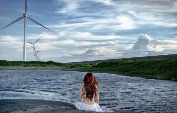 Картинка девушка, пейзаж, озеро, ветряки