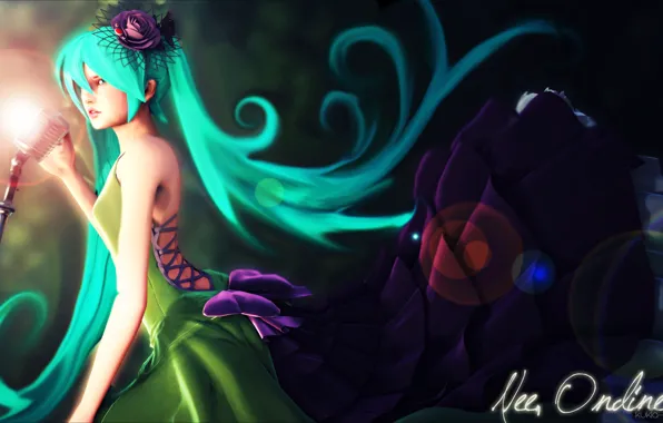 Девушка, волосы, платье, микрофон, Hatsune Miku, Vocaloid, бант на голове в виде цветка