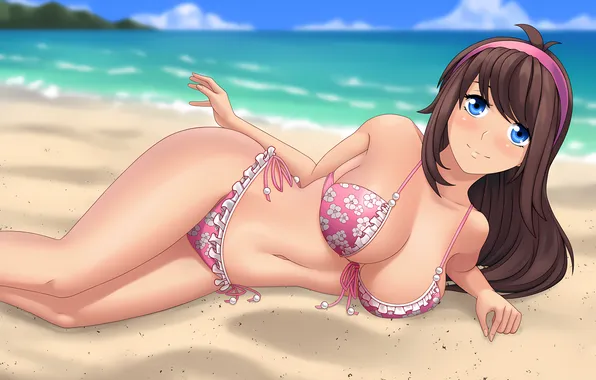 Girl, sexy, cleavage, beach, long hair, sea, brown hair, boobs