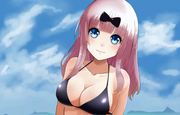Girl, sexy, cleavage, pink hair, long hair, boobs, anime, blue eyes