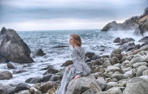 Картинка море, девушка, поза, платье, Dmitry Levykin, Мария Мартиянова