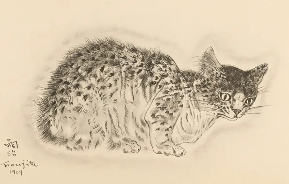 Картинка кошка, сидит, 1929, Цугухару, Фудзита, красивый окрас, навострилась