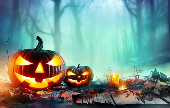 Картинка осень, листья, свечи, Halloween, тыква