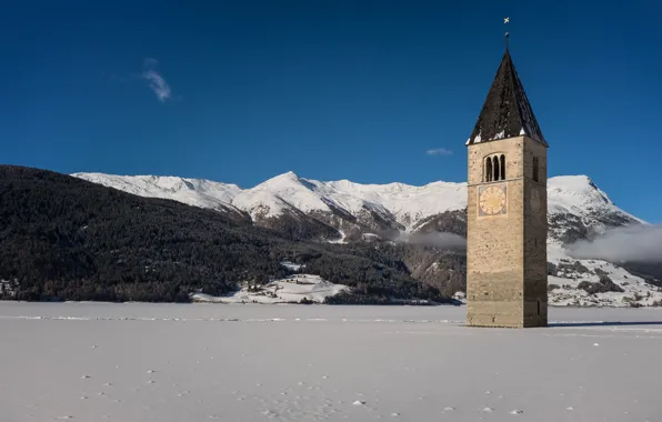Горы, озеро, лёд, Италия, церковь