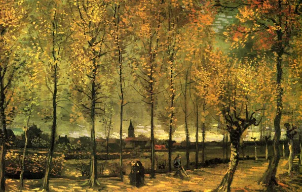 Картинка осень, деревья, монашка, Vincent van Gogh, уборщик, Lane with Poplars