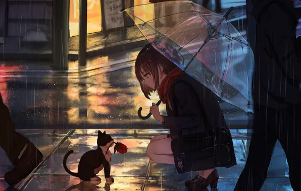 Girl, Anime, Flower, Rain, Umbrella, Cat