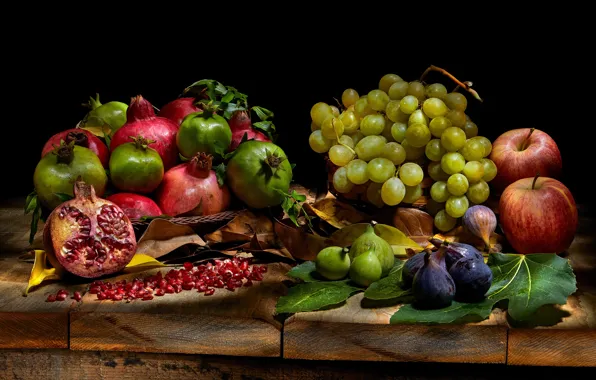 Яблоки, еда, виноград, фрукты, черный фон, натюрморт, предметы, много