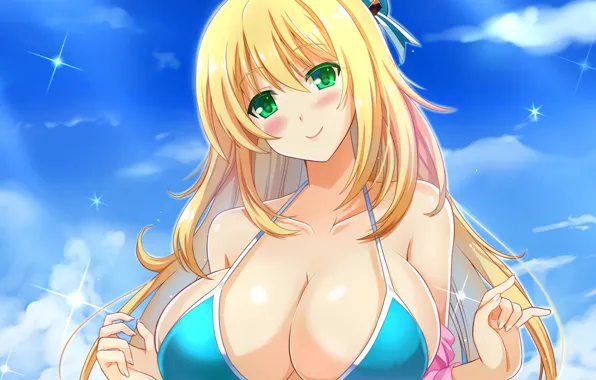 Girl, sexy, cleavage, green eyes, long hair, boobs, anime, beautiful