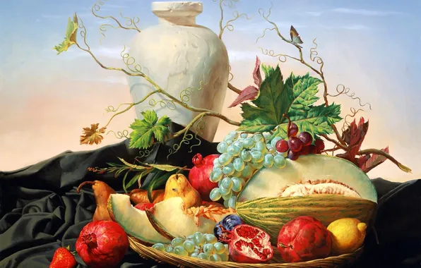 Картинка виноград, ваза, груша, фрукты, натюрморт, живопись, гранат, дыня