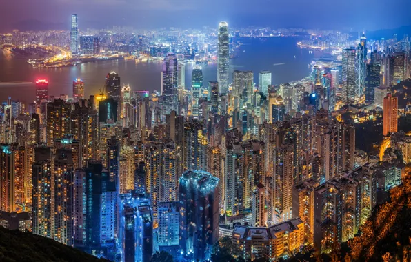 Картинка ночь, город, огни, вечер, Китай, Гон-Конг