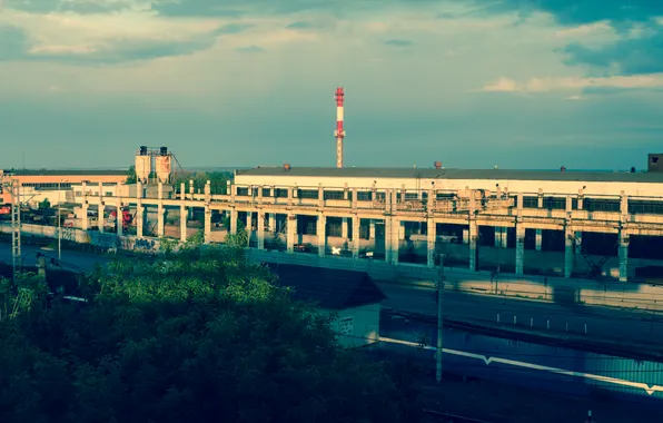Картинка дорога, небо, облака, деревья, город, здания, Россия, архитектура