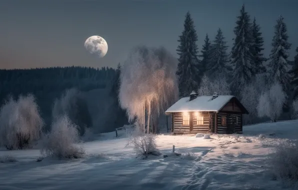 Зима, иней, лес, свет, снег, деревья, ночь, дом