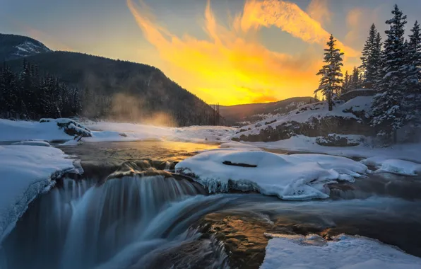 Картинка утро, снег, Elbow Falls, природа, горы, водопад, зима, леса